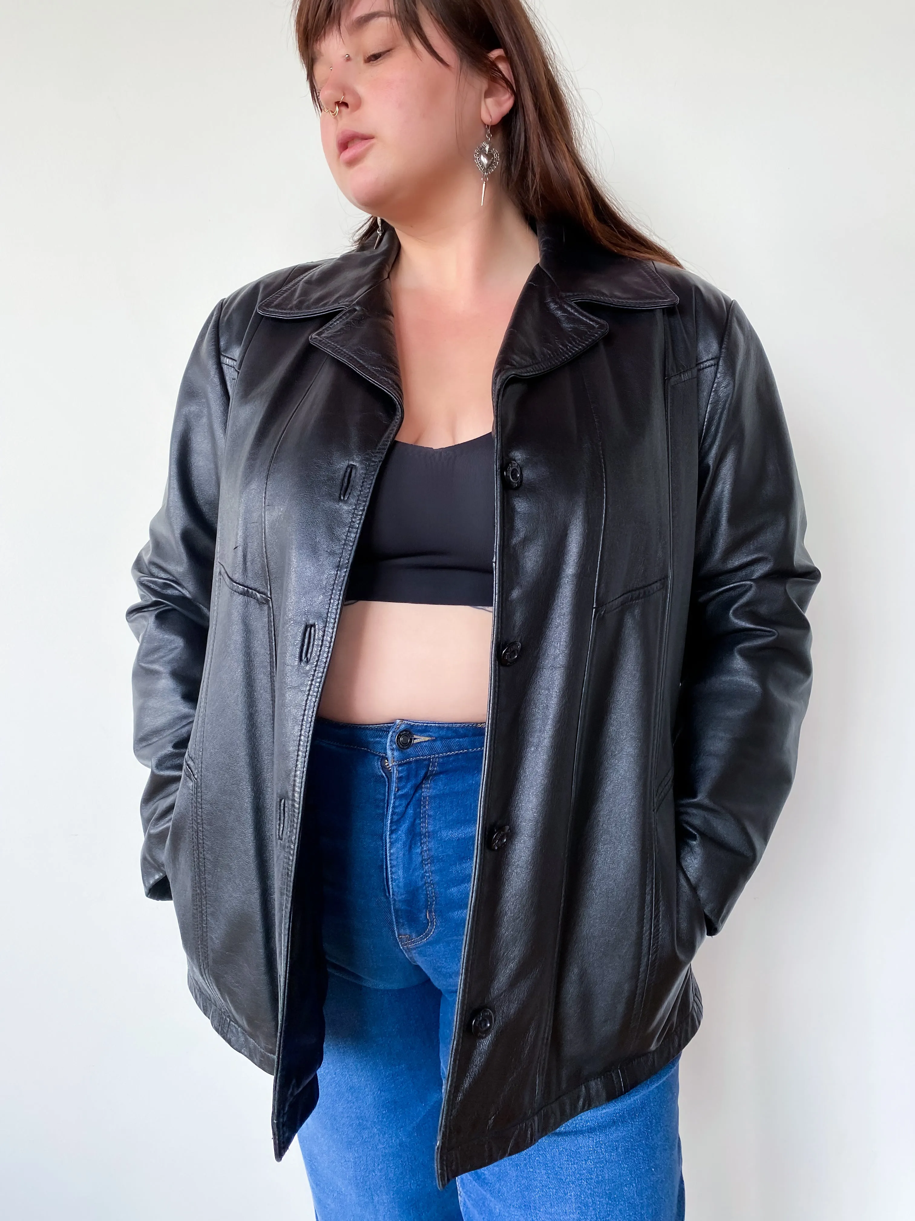 1990s Black Leather Jacket, sz. 2X