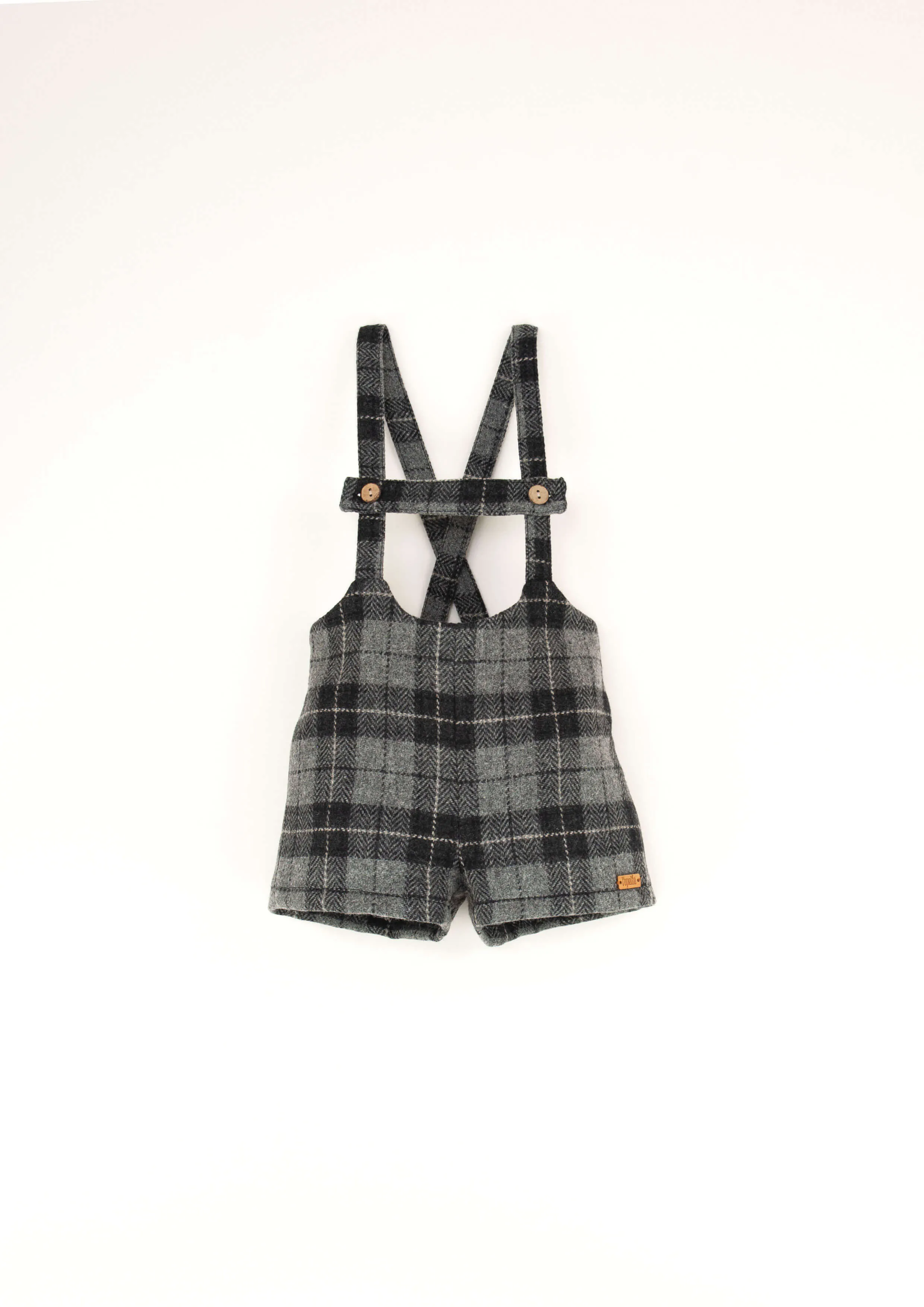 8.1-GREY CHECK WOOLEN SHORT DUNGAREES W/ STRAPS