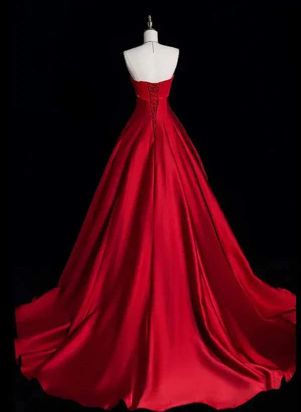 A-Line Ballgown Red Simple Satin Long Party Dress Evening Dress Formal Dress