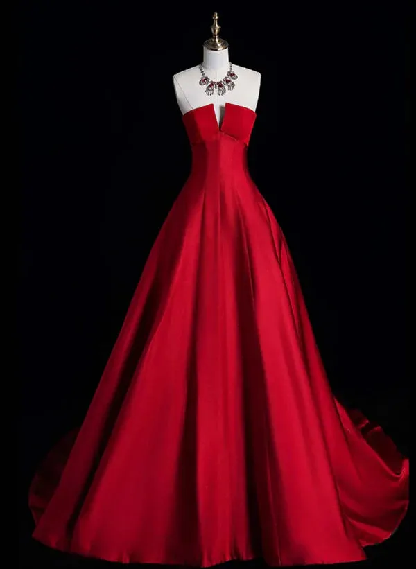 A-Line Ballgown Red Simple Satin Long Party Dress Evening Dress Formal Dress