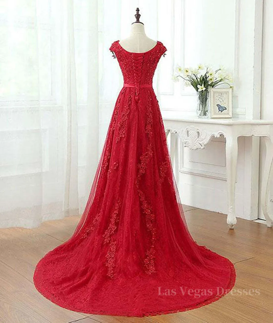 A Line Cap Sleeves Burgundy Lace Long Prom Dress with Appliques, Burgundy Formal Dress, Burgundy Evening Dress