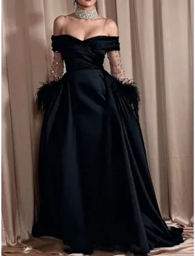 A-Line Evening Gown Elegant Dress Formal Black Dress Sweep / Brush Train Long Sleeve Off Shoulder Satin with Rhinestone Feather Pleats