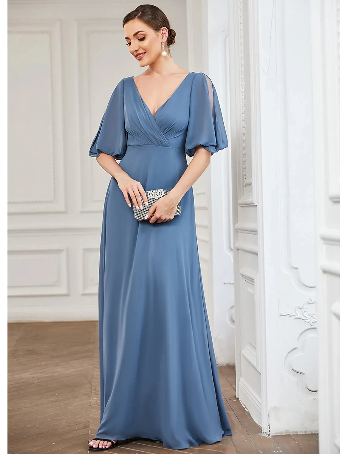 A-Line Evening Gown Minimalist Dress Wedding Guest Prom Floor Length Half Sleeve V Neck Chiffon with Pleats