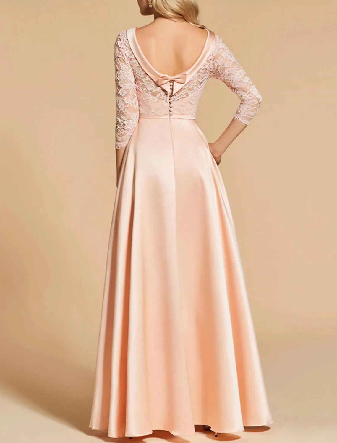 A-Line Evening Gown Open Back Dress Formal Wedding Guest Floor Length 3/4 Length Sleeve Jewel Neck Satin with Bow(s) Buttons Shouder Flower