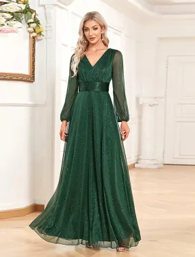 A-Line Evening Gown Sparkle & Shine Dress Formal Wedding Party Dress Floor Length Long Sleeve V Neck Chiffon with Sequin