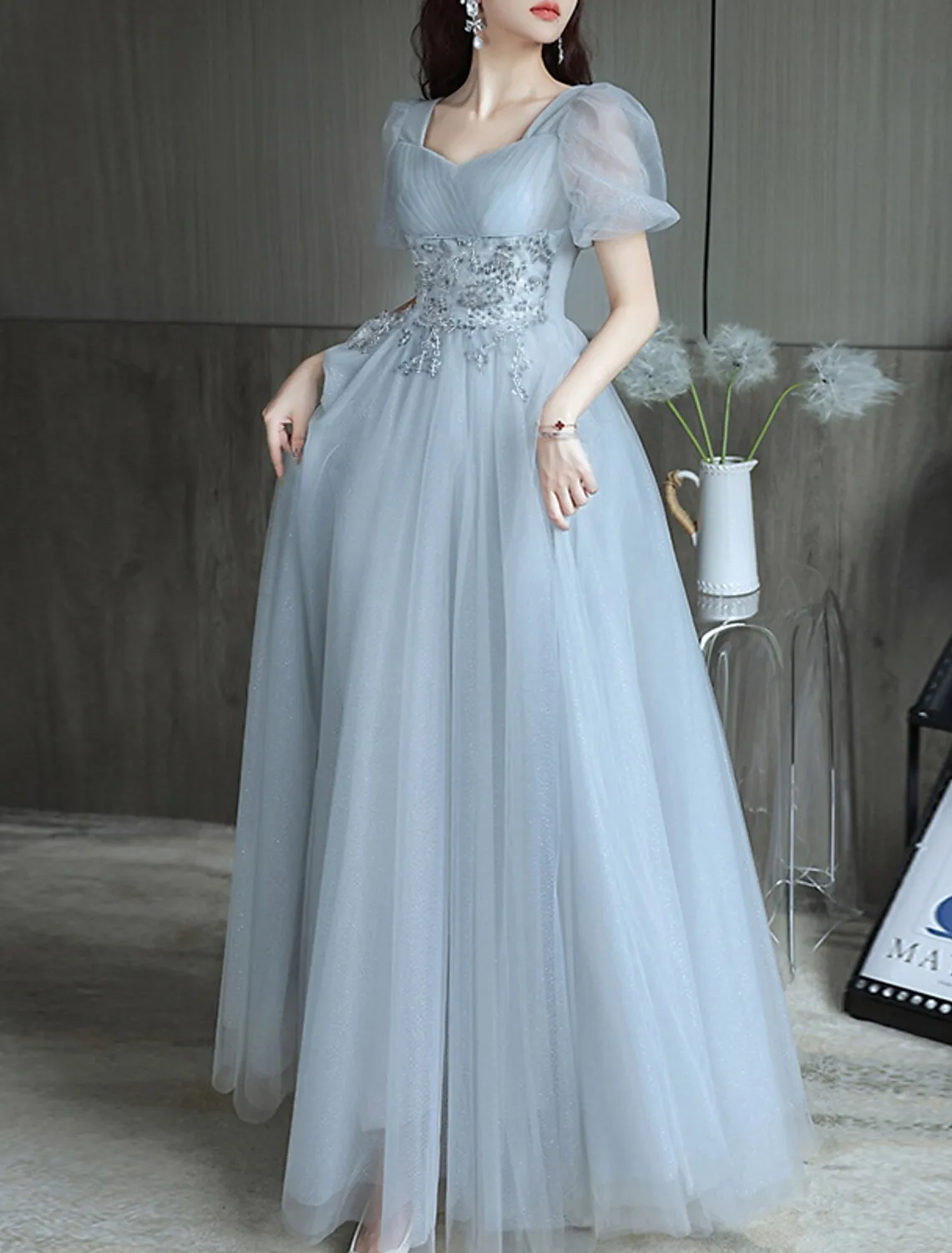 A-Line Evening Gown Sparkle & Shine Dress Party Dress Valentine‘s Day Floor Length Short Sleeve Sweetheart Tulle with Beading Tiered