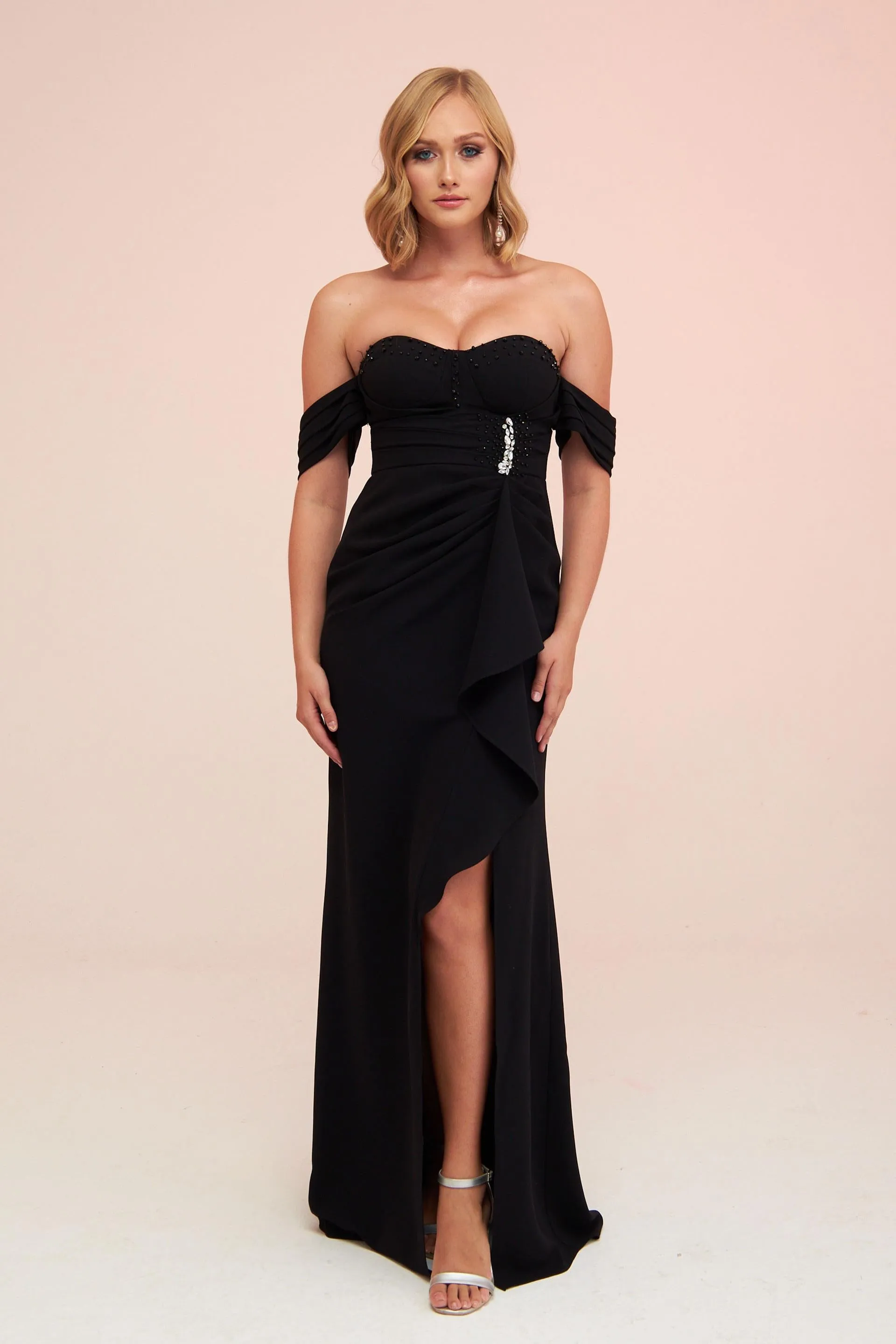 Angelino Black Crepe Low Sleeve Slit Long Evening Dress