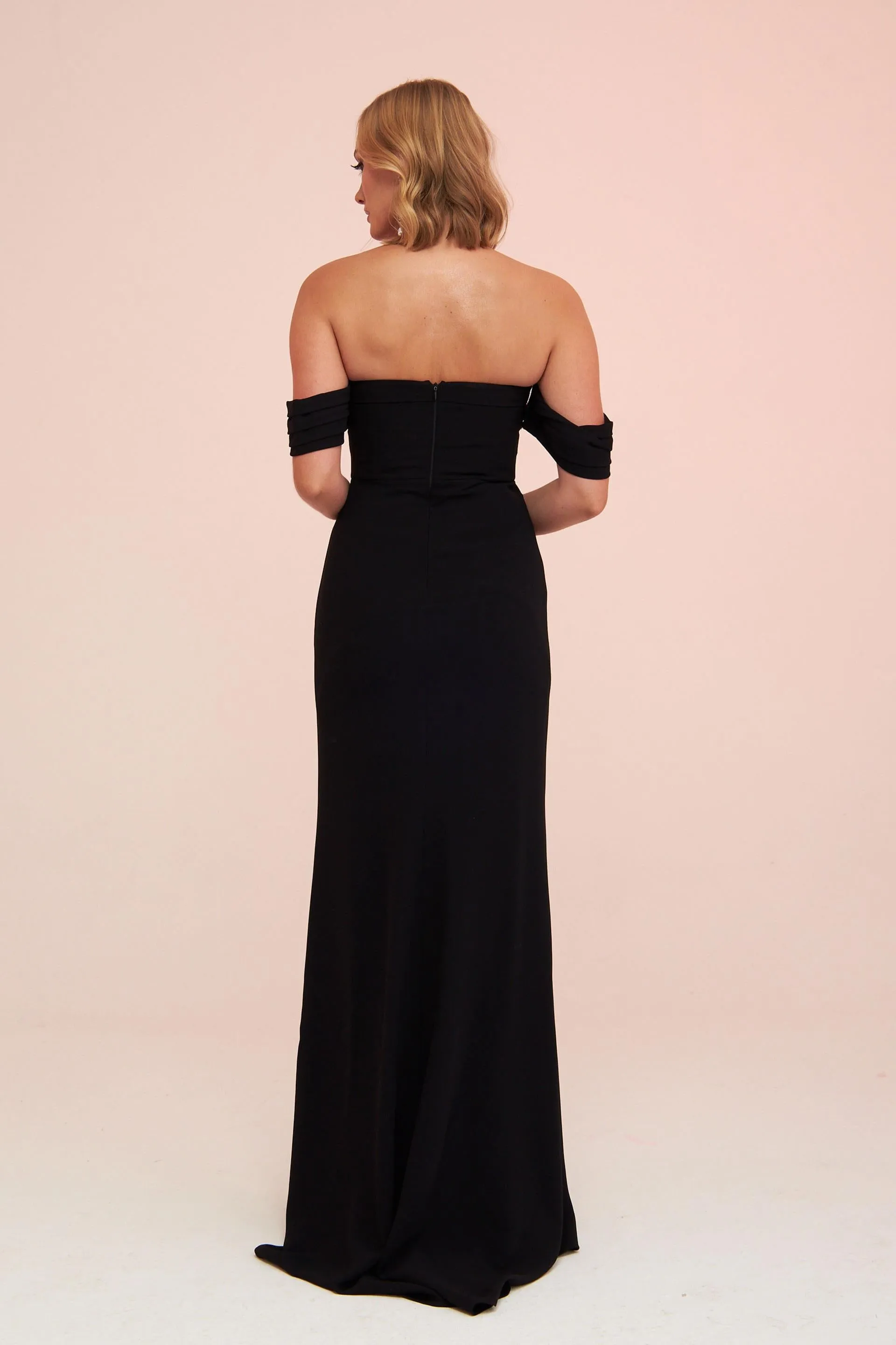 Angelino Black Crepe Low Sleeve Slit Long Evening Dress