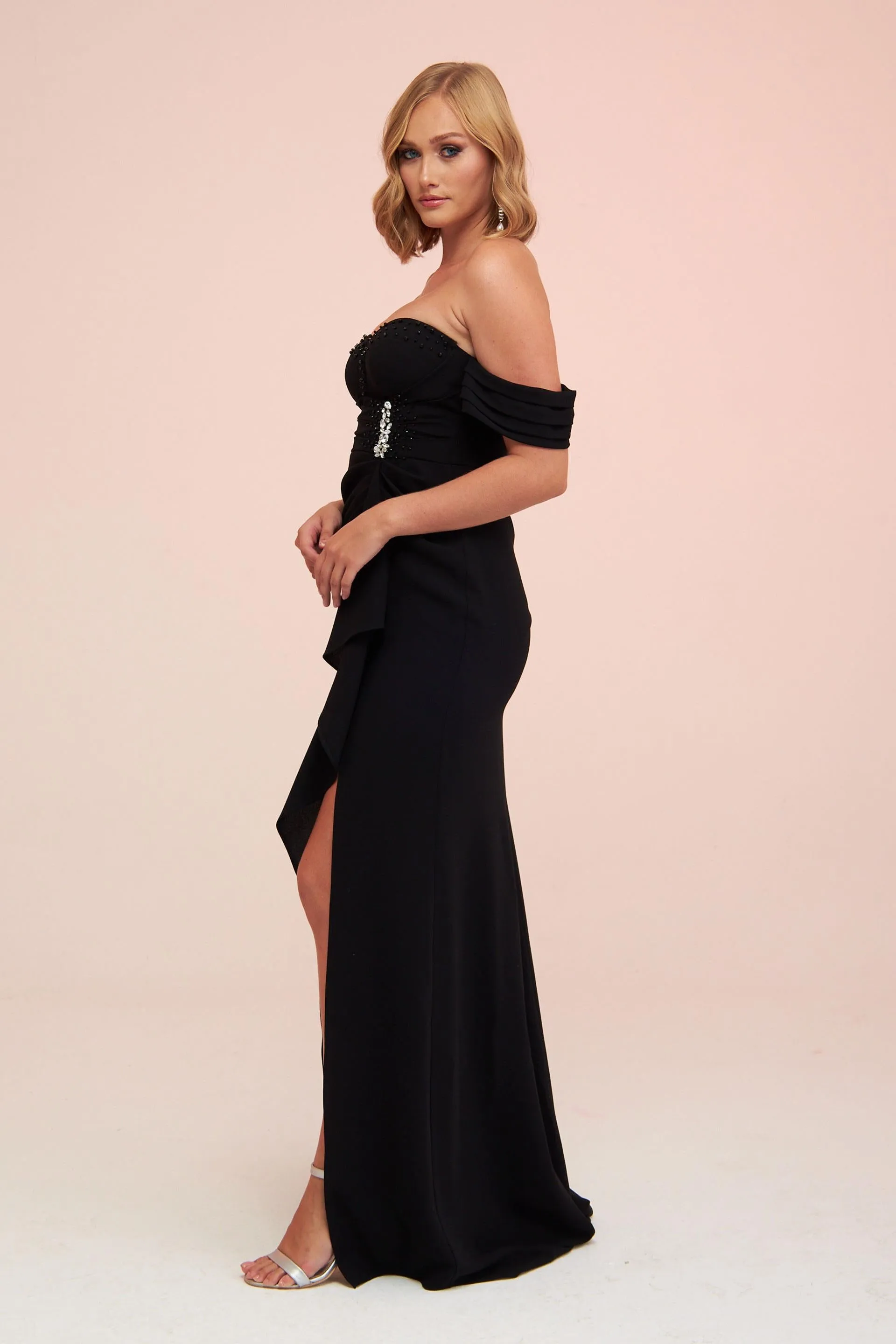 Angelino Black Crepe Low Sleeve Slit Long Evening Dress