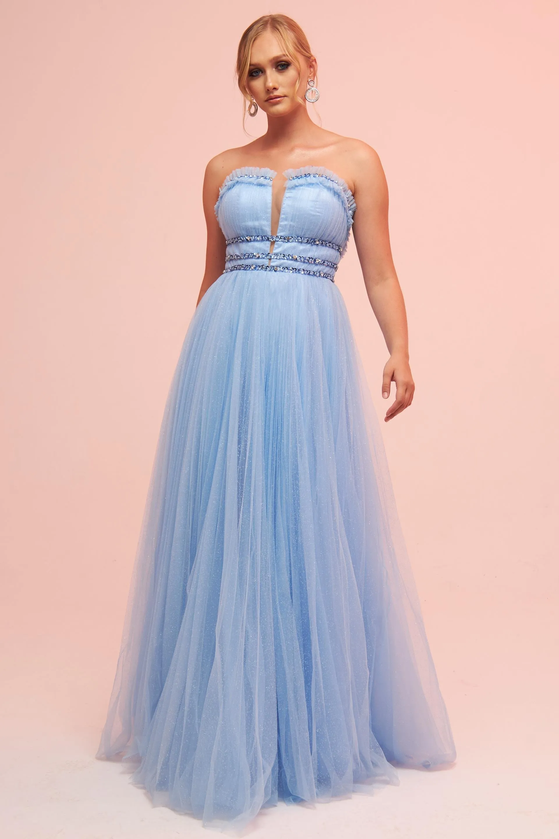 Angelino Blue Strapless Backless Tulle Engagement Dress