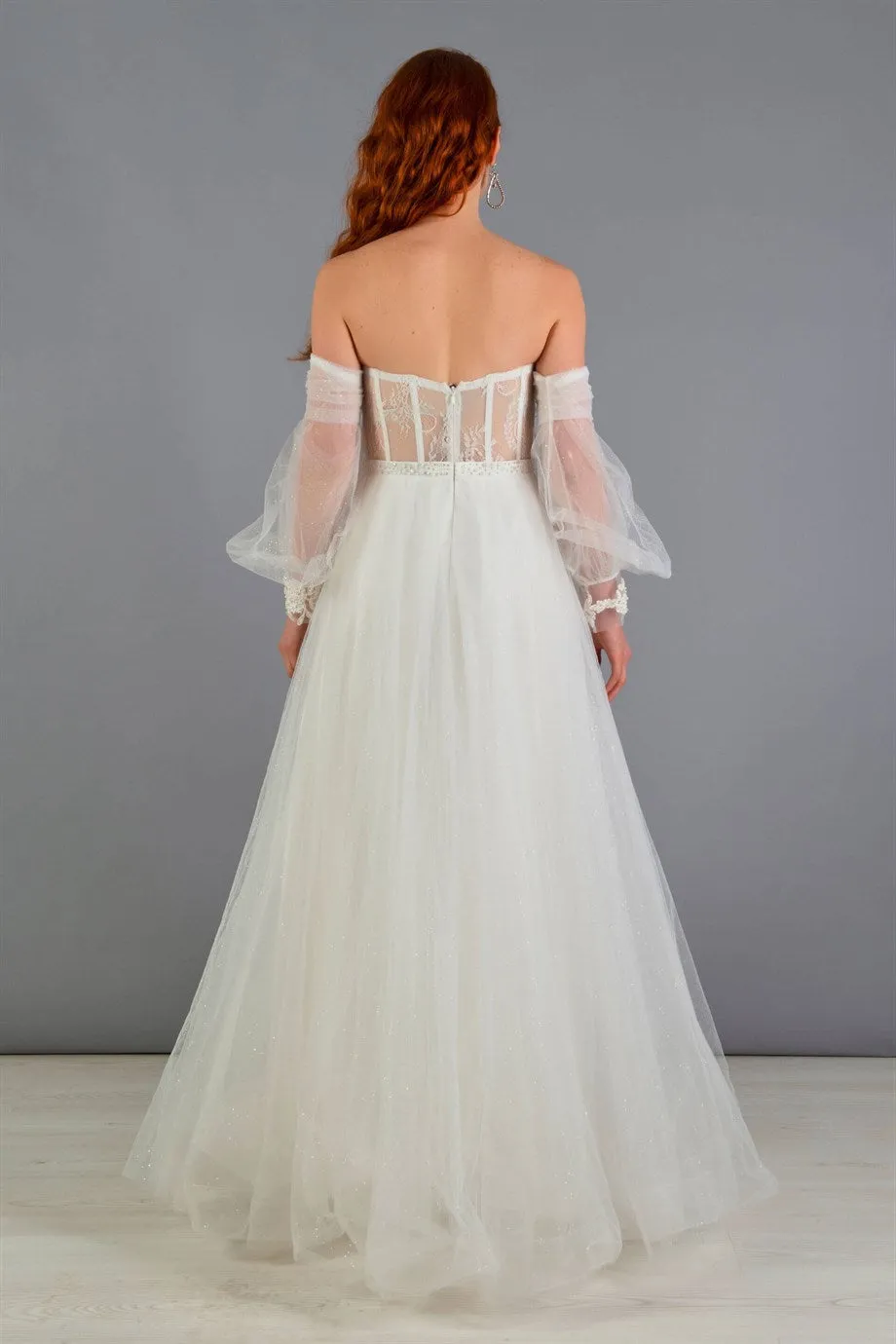 Angelino Ecru Tulle Low Sleeve Engagement Evening Dress