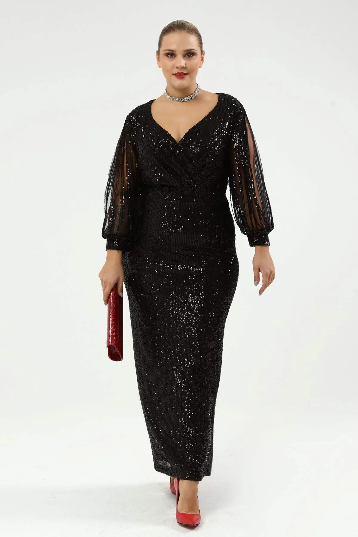 Angelino Plus Size Sleeves Fringed Long Sequined Evening Dress Black 8035