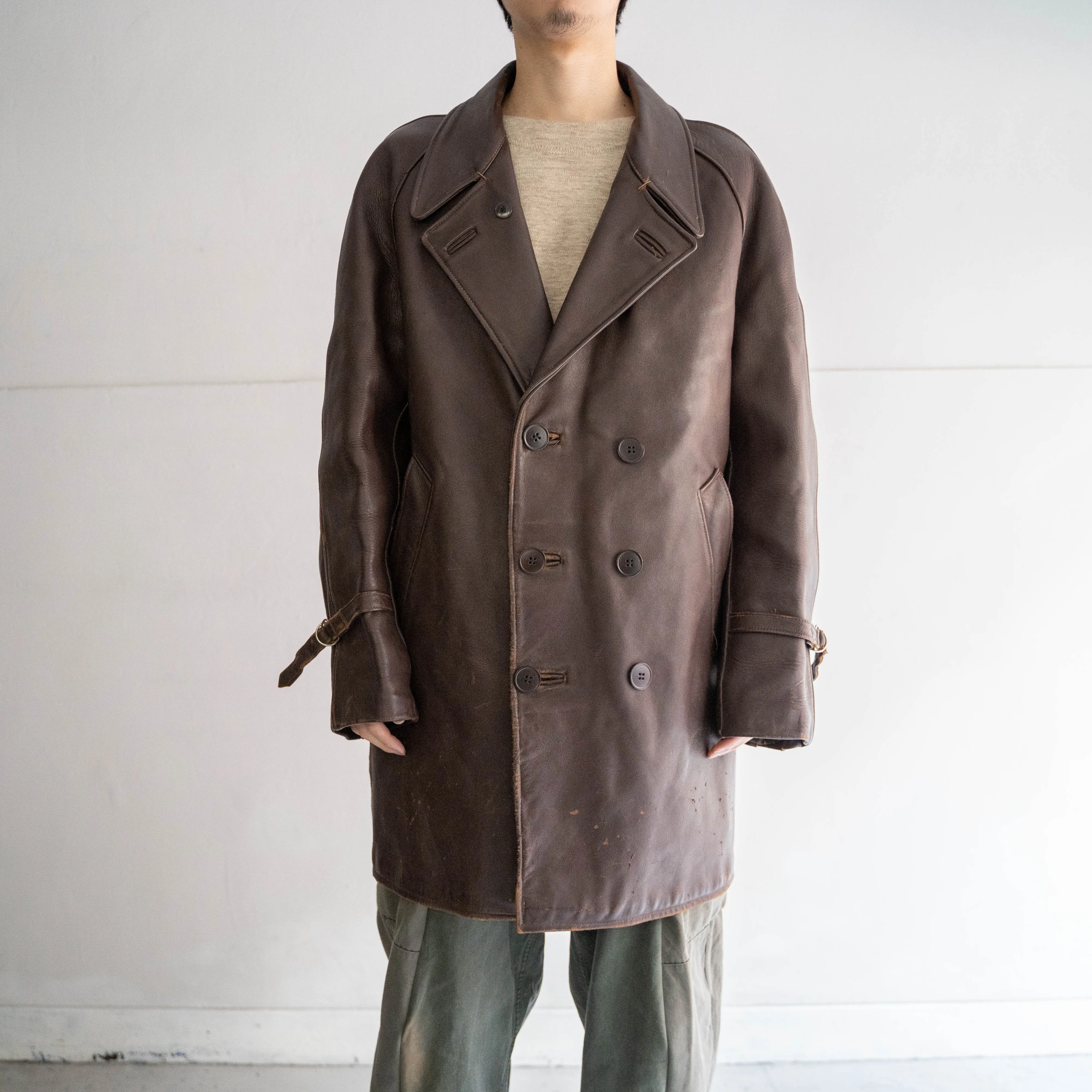 around 1950s France brown leather double breasted coat with belt