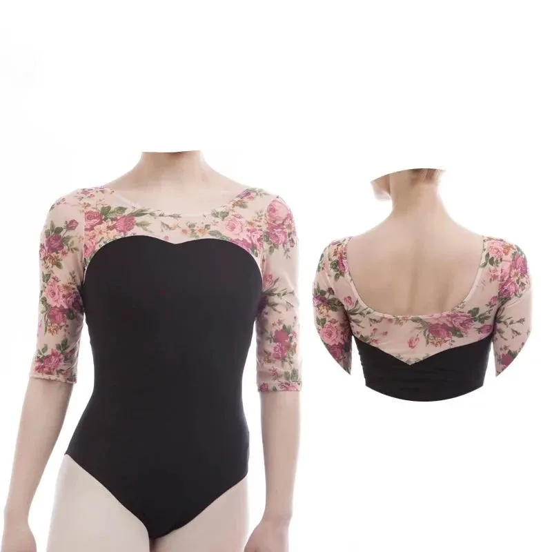 #B0020 Adult Ballet Leotard Black cotton Floral Mesh Sleeves...Ballet- Lyrical-Gymnastics- Calisthenics