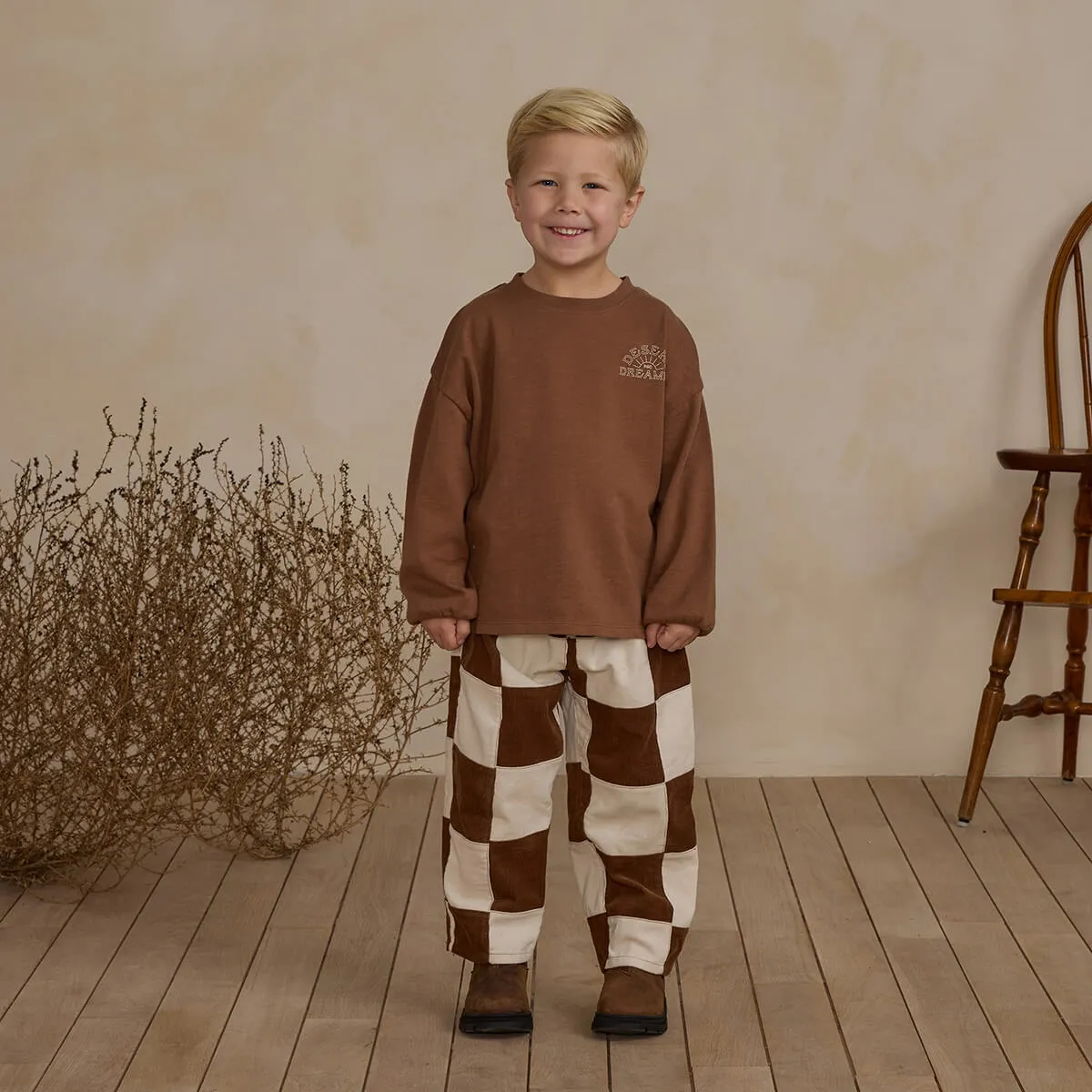 Baggy Cord Pant in Saddle Check by Rylee & Cru