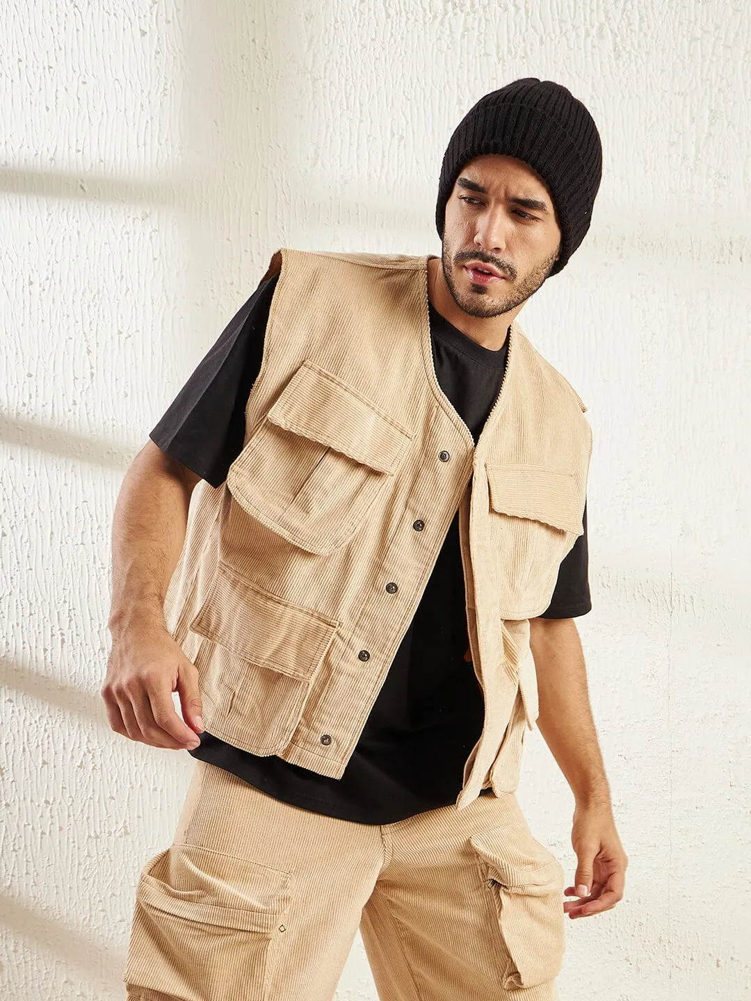 Beige Cord Baggy Sleeveless Jacket