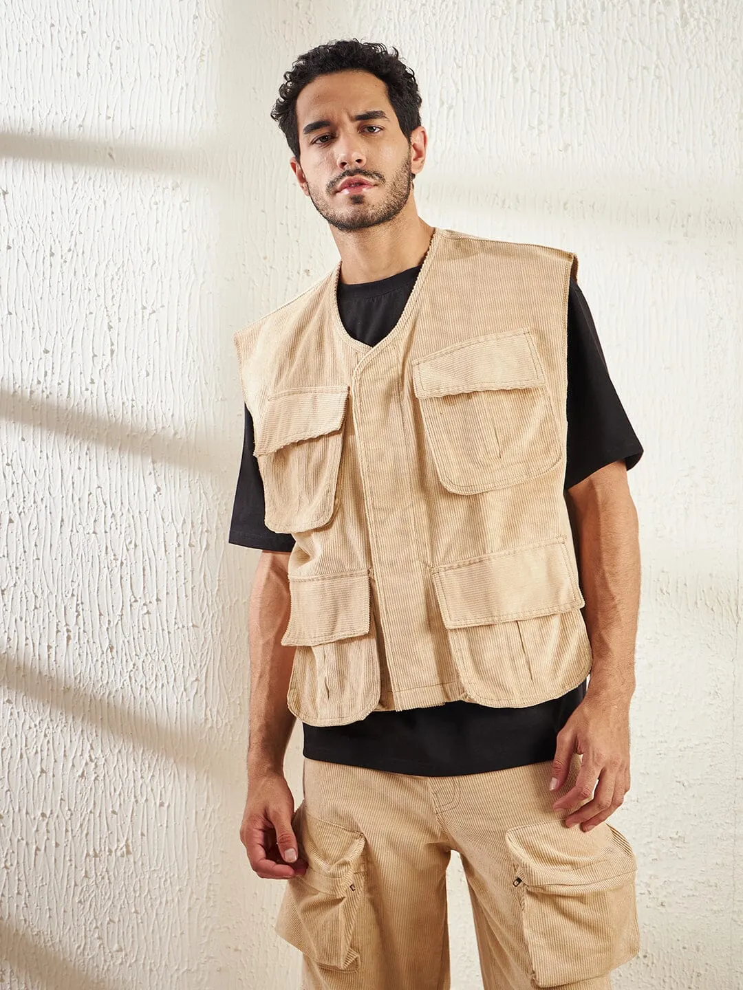 Beige Cord Baggy Sleeveless Jacket