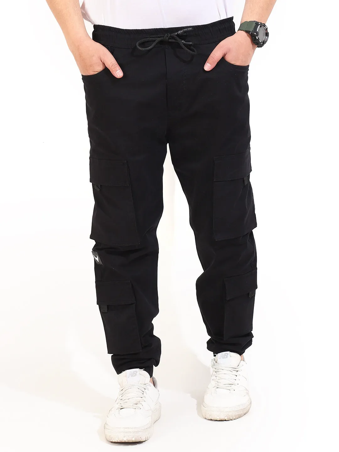 Black Cotton Twill Baggy Fit 8 Pocket Cotton Cargo