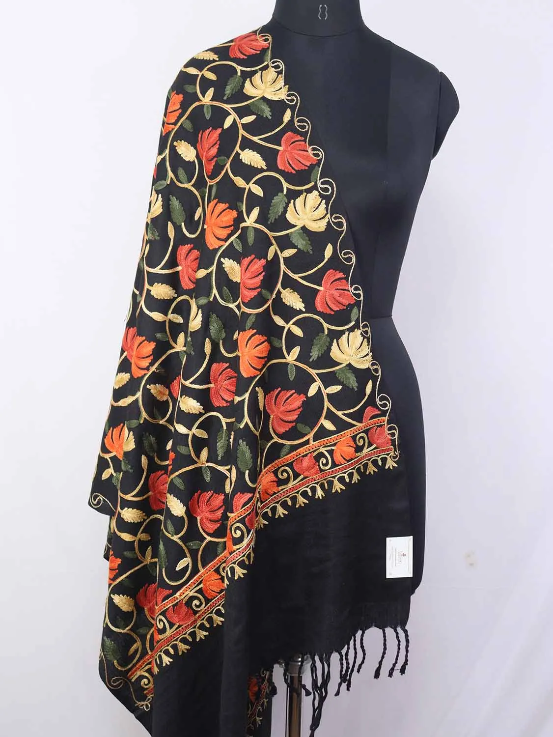 Black Embroidered Kashmiri Aari Work Woollen Stole