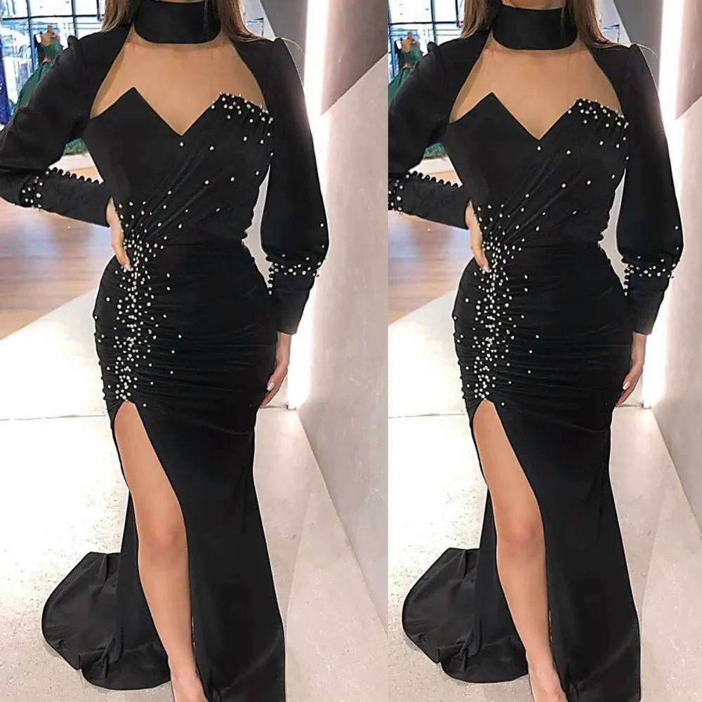 black evening dresses long sleeve high neck mermaid modest vintage sexy formal evening gown