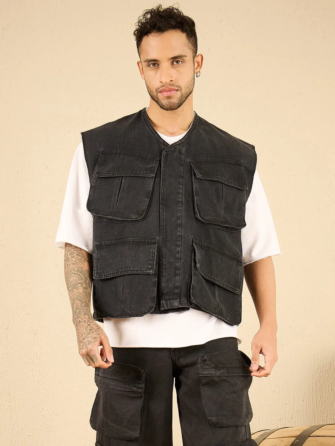 Black Wash Denim Utility Sleeveless Jacket