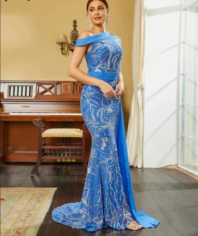 Blue One Shoulder Silver Sequins Mermaid Evening Dress