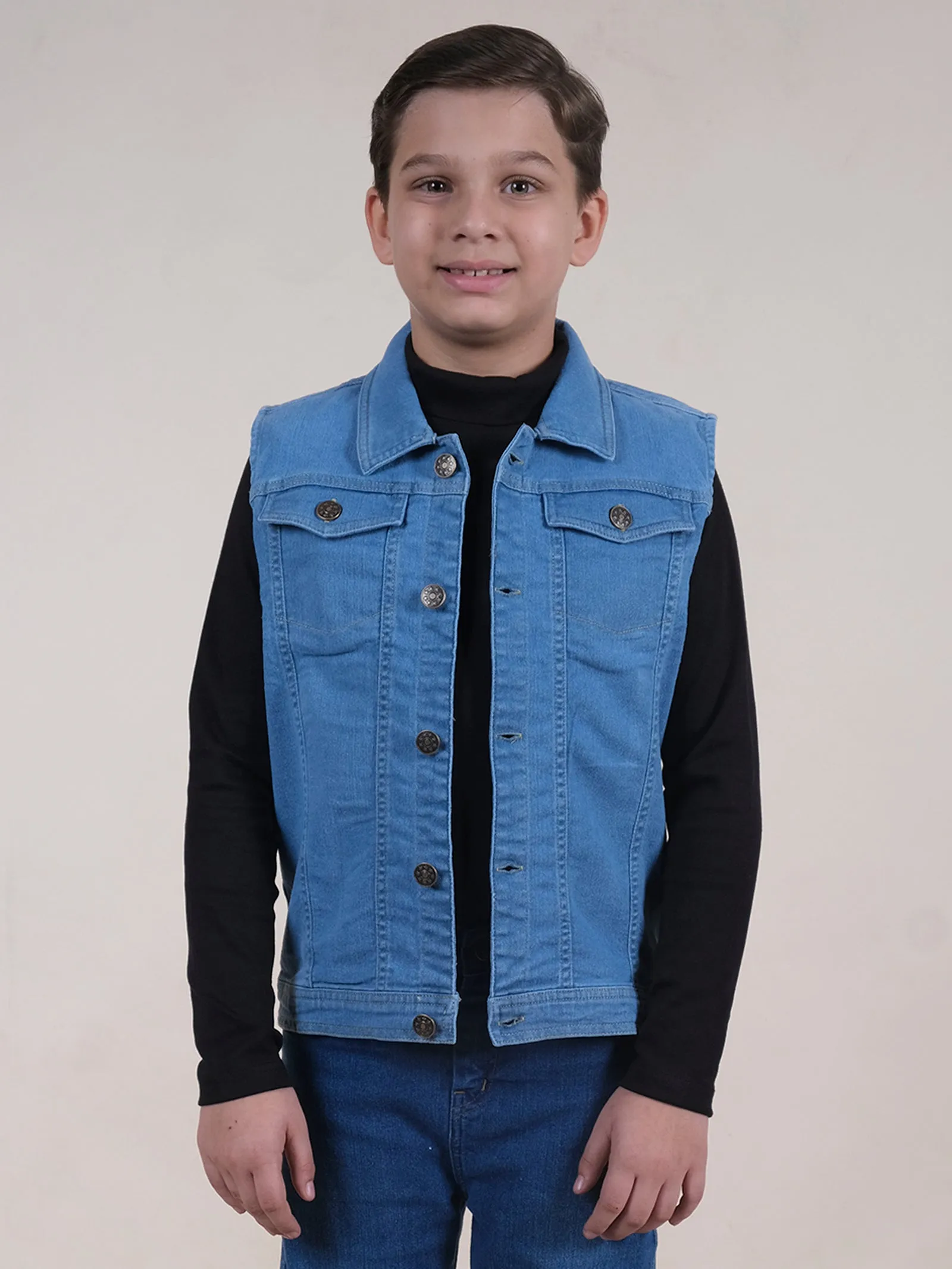 Boys Sleeveless Solid Denim Jacket