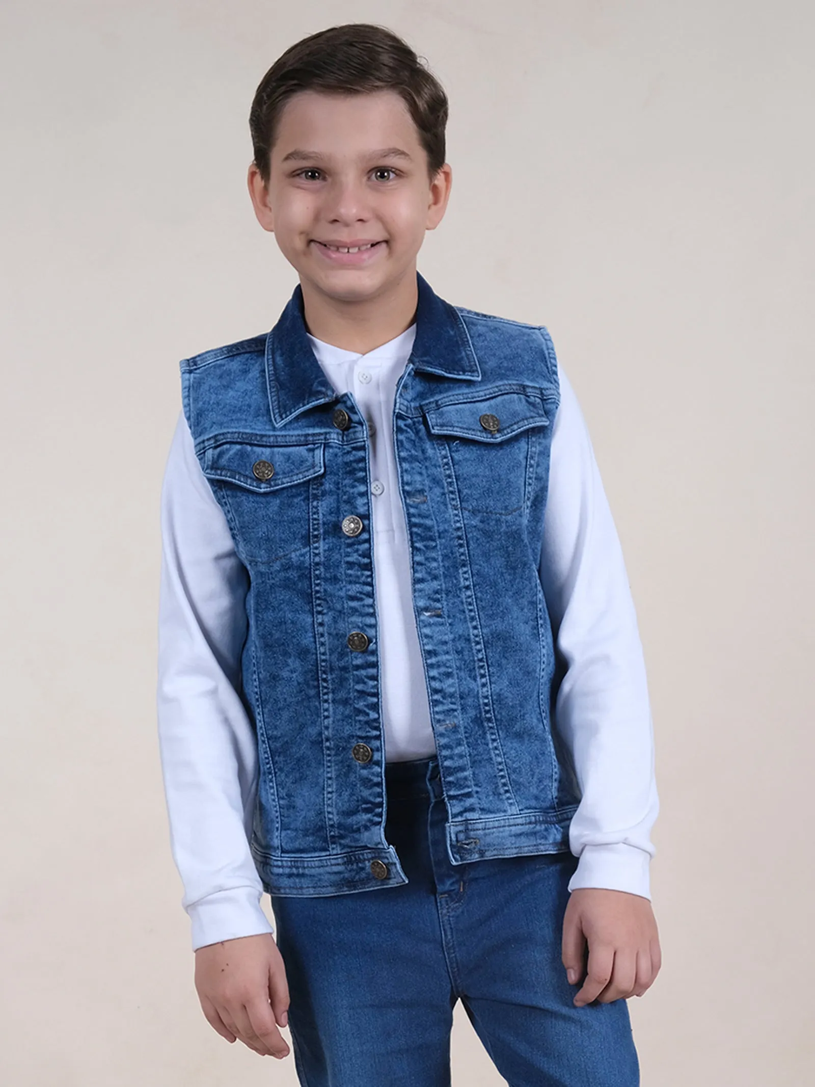 Boys Sleeveless Solid Denim Jacket