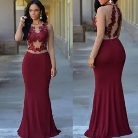 cheap evening dresses long mermaid lace applique elegant burgundy sexy formal dress evening gowns 2021