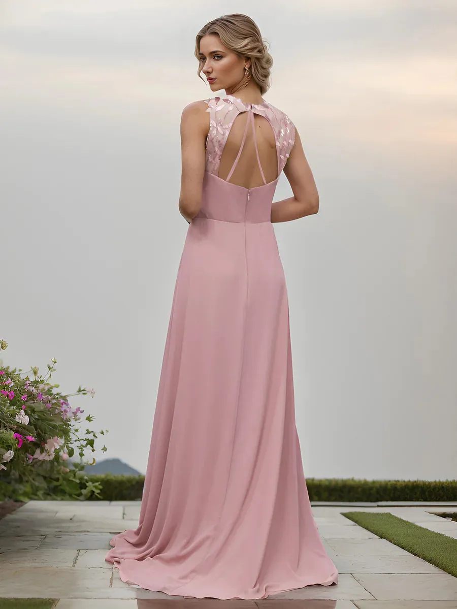 Chiffon Round Neck Tie Backless Split Thigh Evening Dress