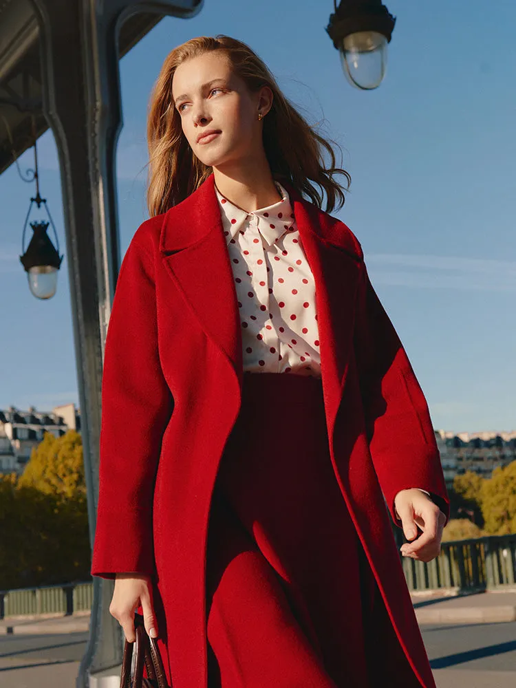 Chili Red Double-Faced Wool And Silk-Blend Lapel Women Coat