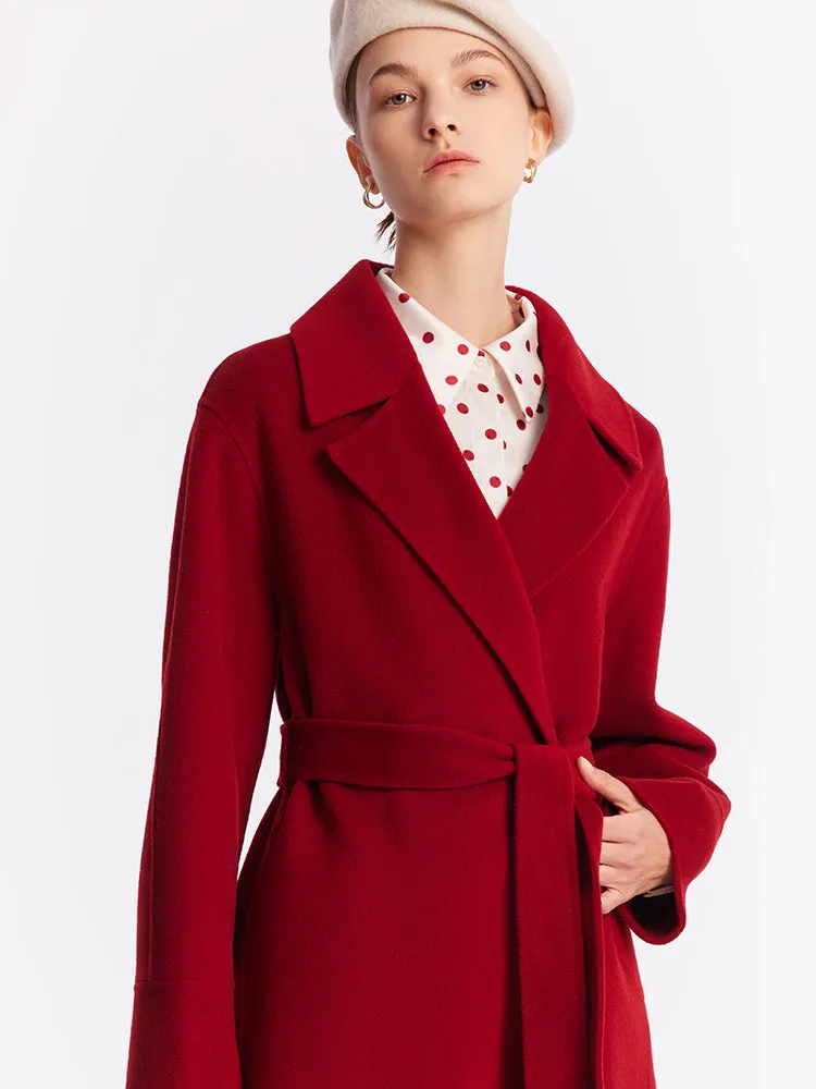 Chili Red Double-Faced Wool And Silk-Blend Lapel Women Coat