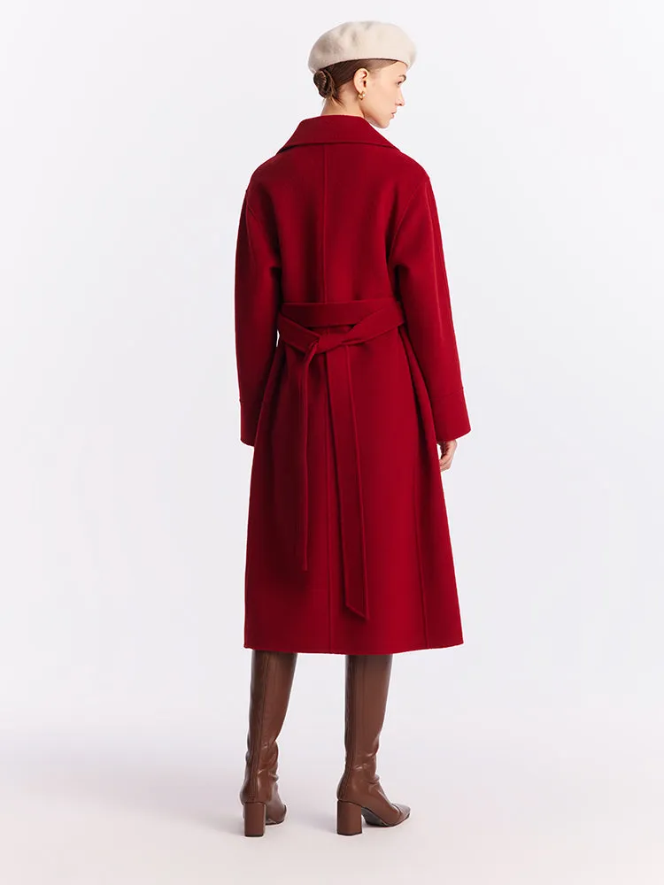 Chili Red Double-Faced Wool And Silk-Blend Lapel Women Coat