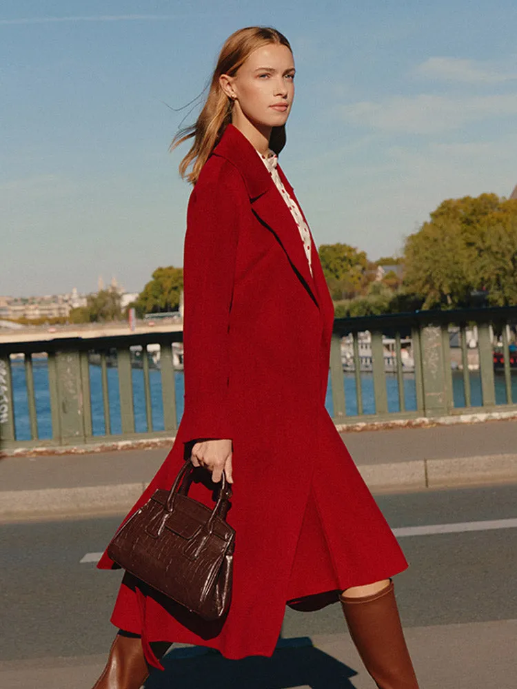 Chili Red Double-Faced Wool And Silk-Blend Lapel Women Coat