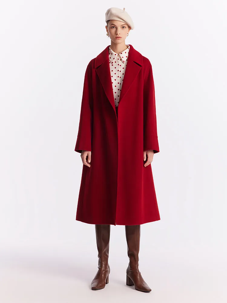 Chili Red Double-Faced Wool And Silk-Blend Lapel Women Coat