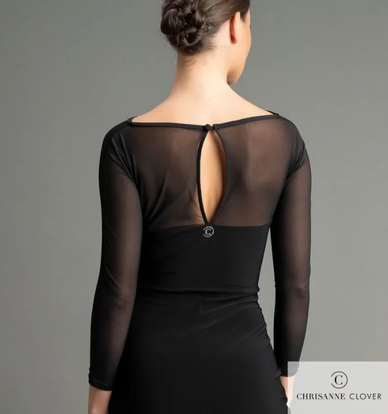 Chrisanne Clover KIRA Black Latin Practice Dress with Sheer Stretch Net Center Panel and Keyhole Back PRA 1059 in Stock