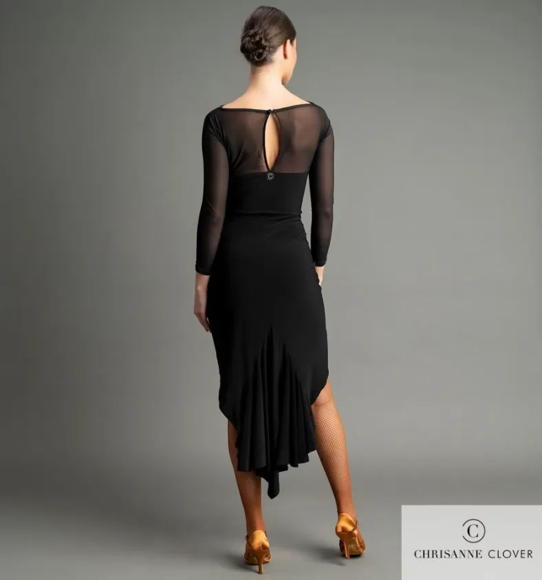 Chrisanne Clover KIRA Black Latin Practice Dress with Sheer Stretch Net Center Panel and Keyhole Back PRA 1059 in Stock