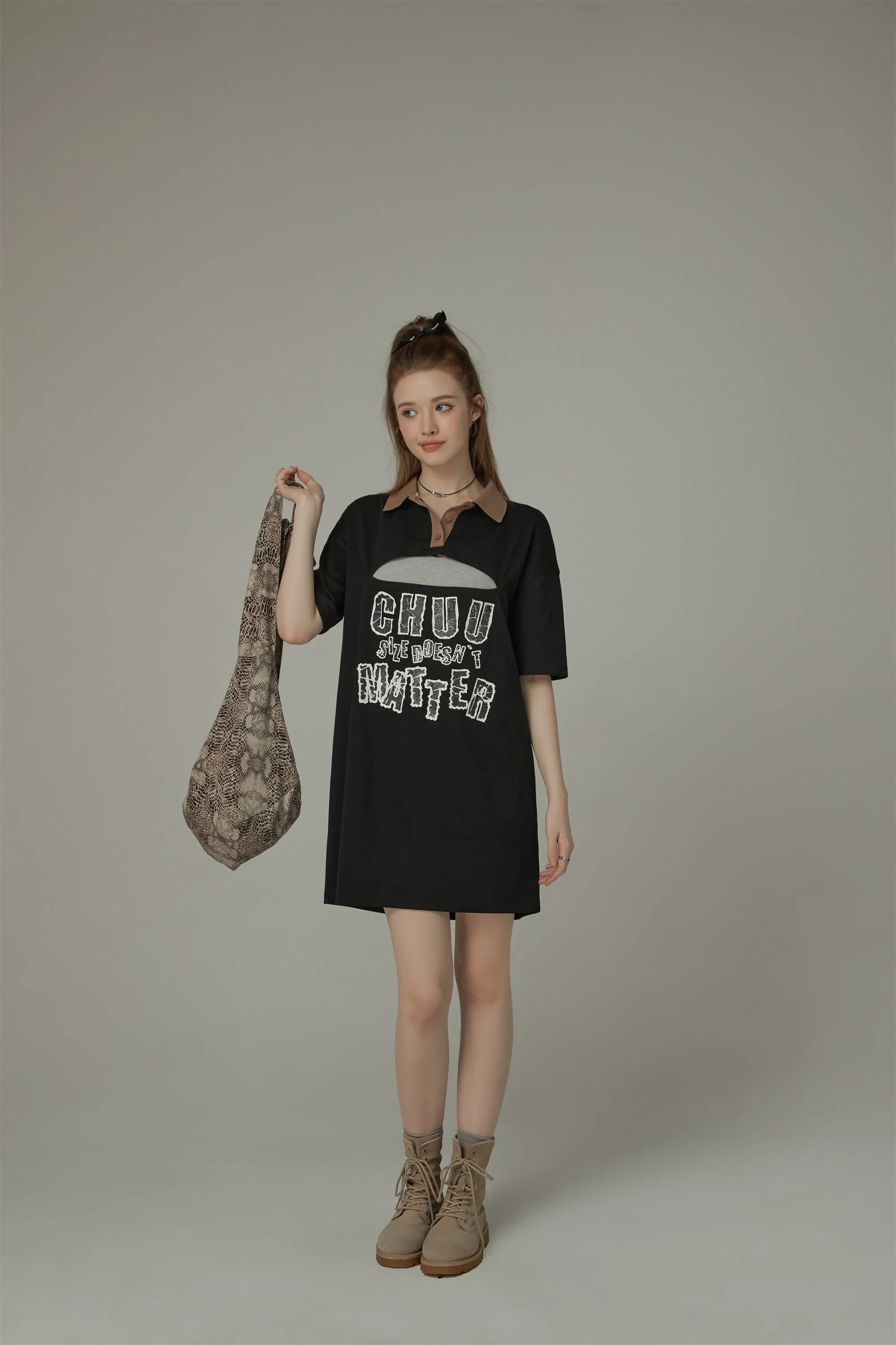 Chuu Size Doesnt Matter Front Cut Out Polo Neck T-Shirt Dress