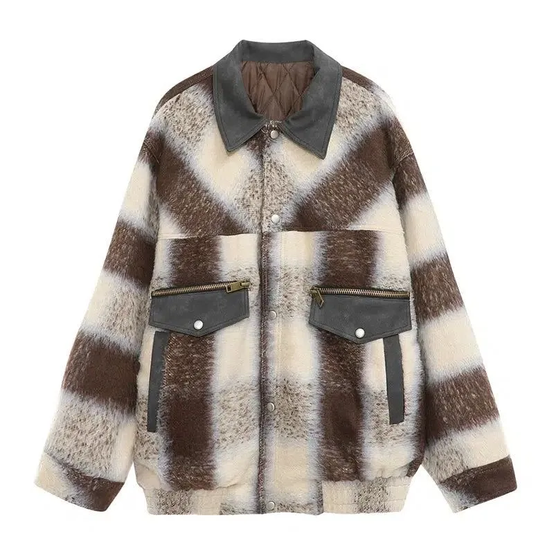 Collared Plaid Fur Jacket