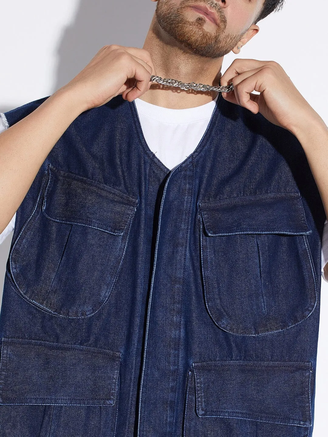 Dark Wash Denim Utility Sleeveless Jacket