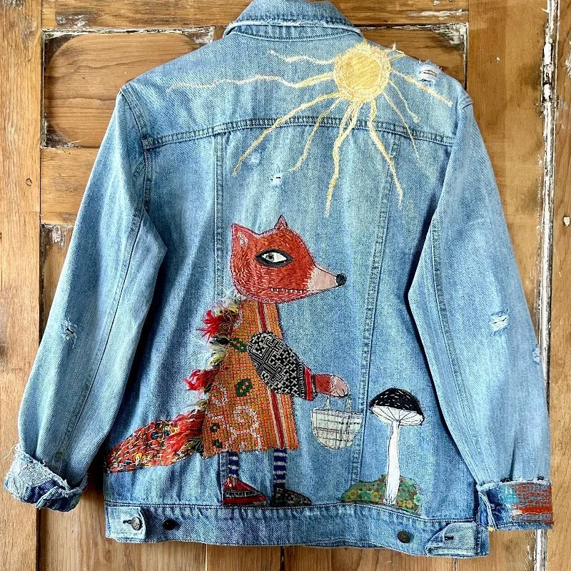 Denim Jacket with Fox gathering mushrooms