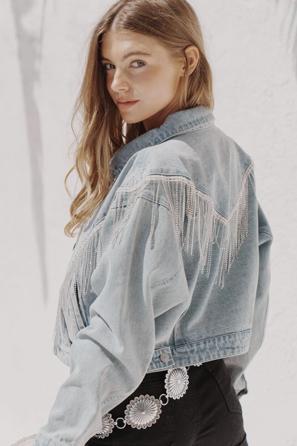 Denim Rhinestone Fringe Jacket