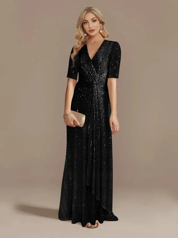 Elegant Floor Length V-Neck Sequin Evening Party Dress