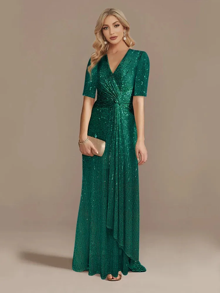 Elegant Floor Length V-Neck Sequin Evening Party Dress