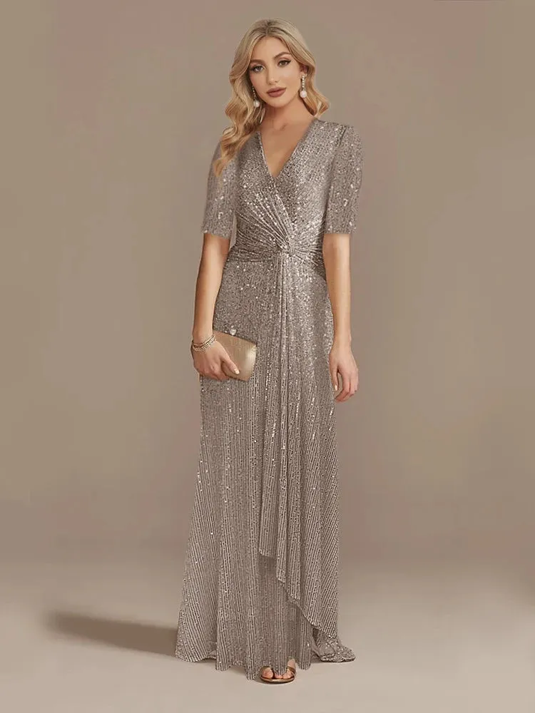 Elegant Floor Length V-Neck Sequin Evening Party Dress