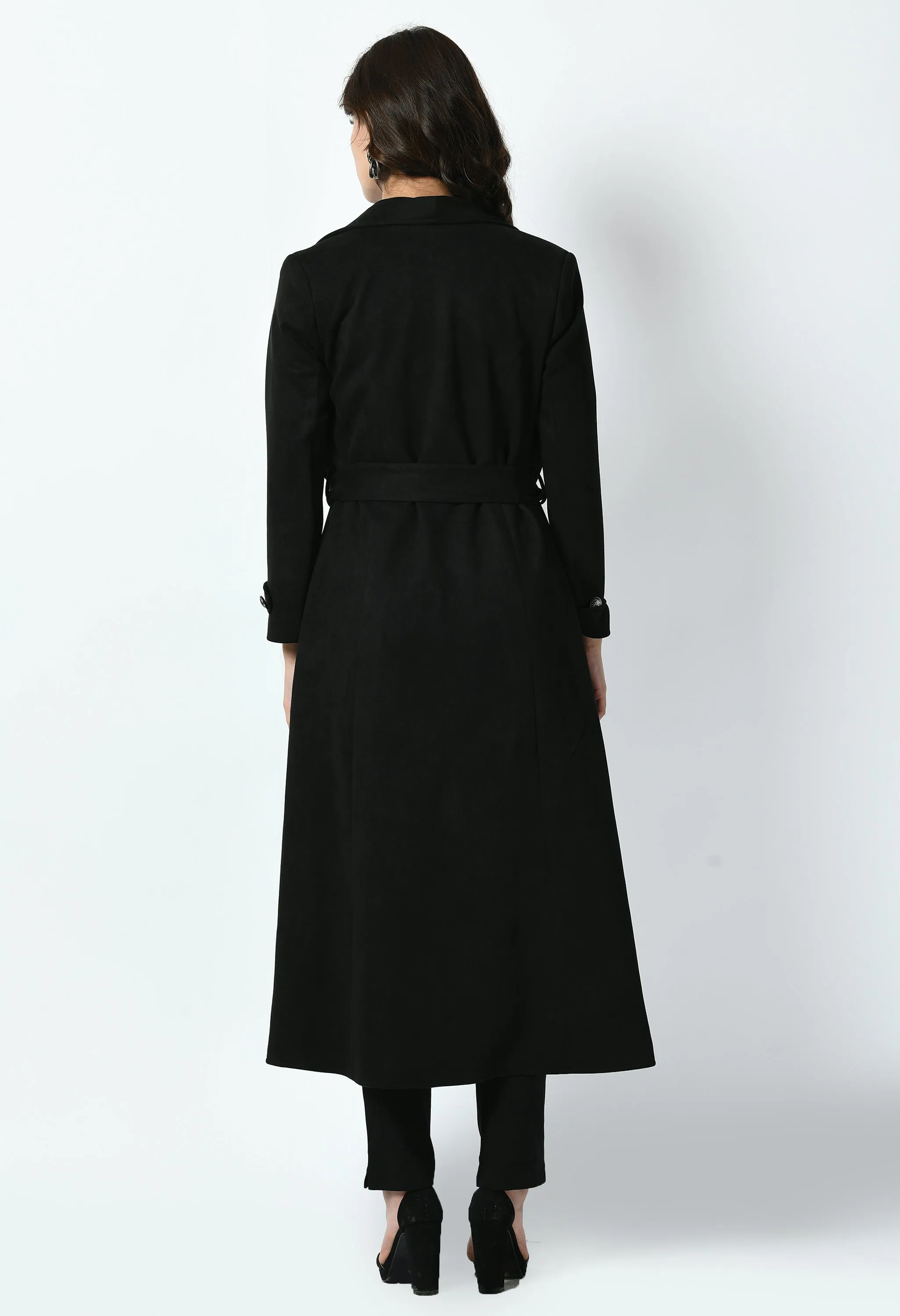 Exude Dedication Suede Leather Long Wrap Coat (Black)