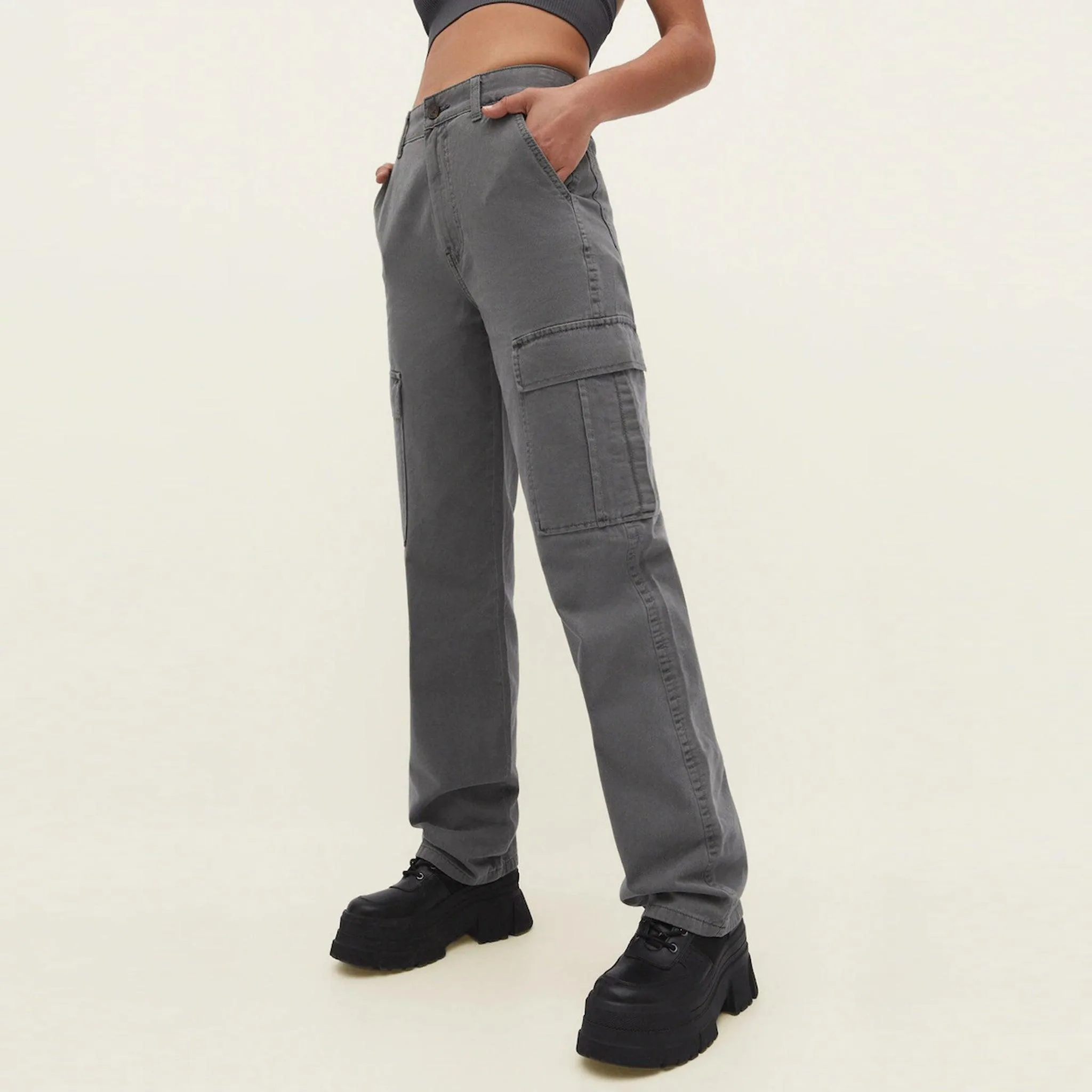 Female Cargo Trouser in Acid Wash Grey (6 Pockets)