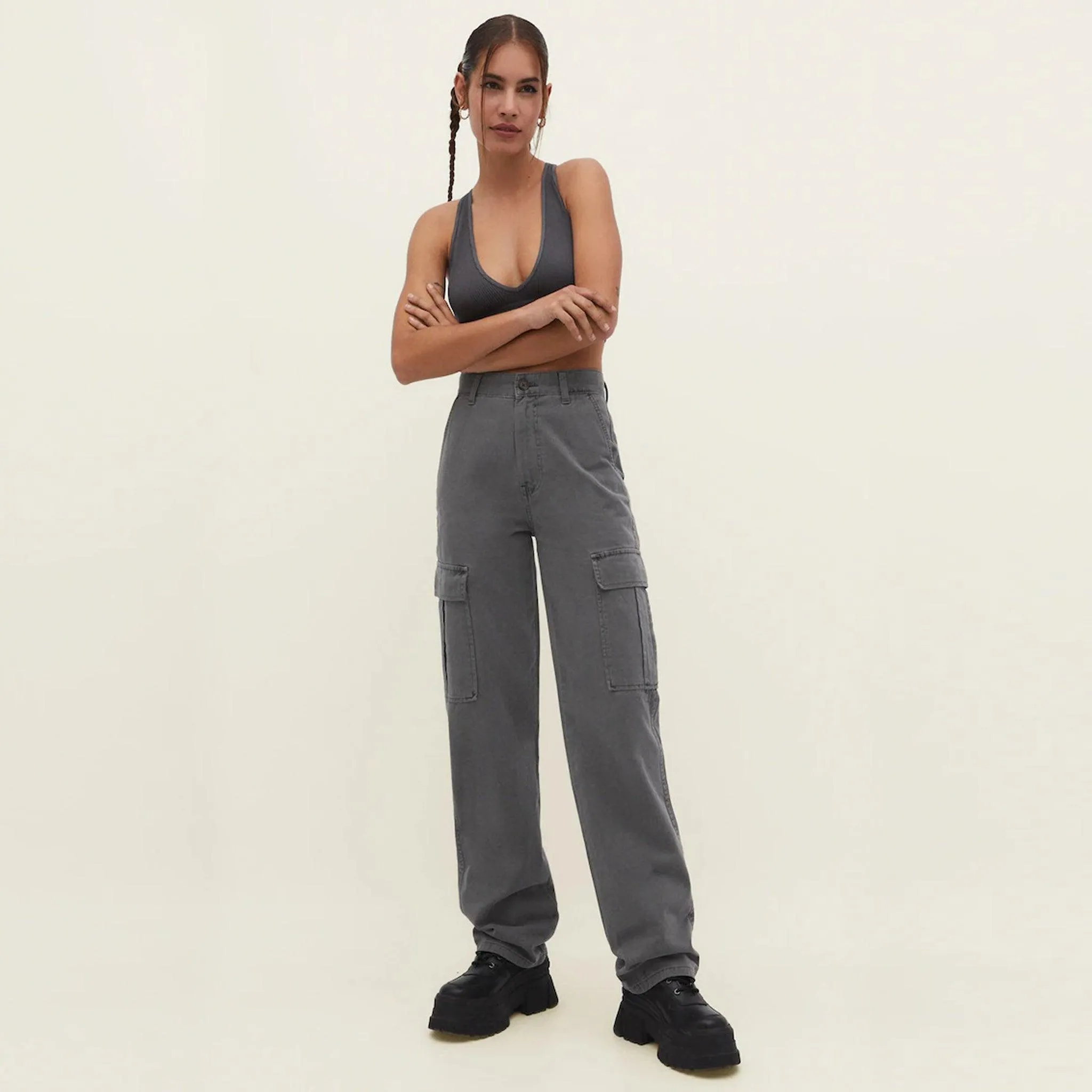 Female Cargo Trouser in Acid Wash Grey (6 Pockets)