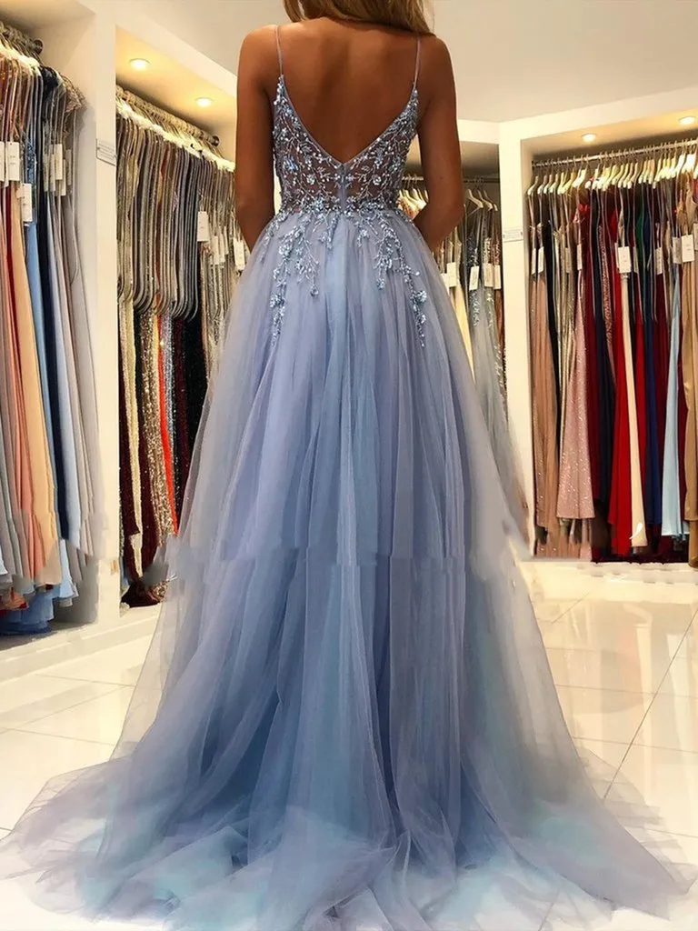 Gorgeous V Neck Open Back Smoky Gray Beaded Long Prom Dresses, High Slit Smoky Grey Long Formal Evening Dresses SA11