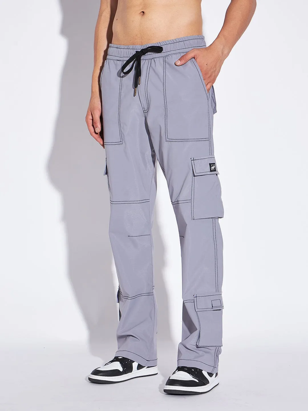 Grey Contrast Stitch Cargo Trackpants